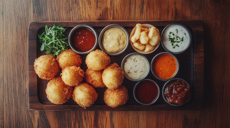 Captivating overhead view of a delicious wooden platter filled with crispy snacks and assorted dips, perfect for sharing at gatherings or events.の素材