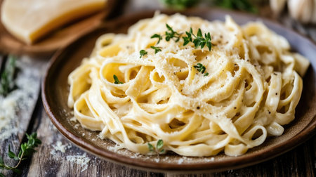 Indulge in a creamy fettuccine Alfredo served on a rustic wooden table. This delicious dish features rich flavors, fresh herbs, and a tempting presentation perfect for any meal.の素材