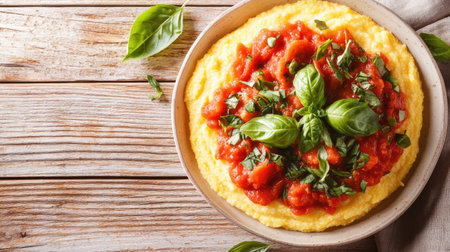 A warm and inviting bowl of creamy polenta topped with fresh basil and rich tomato sauce, perfect for a delicious vegetarian meal or side dish.の素材