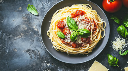 An overhead view of a captivating pasta dish featuring spaghetti topped with rich tomato sauce, garnished with fresh basil leaves, perfect for food lovers.の素材