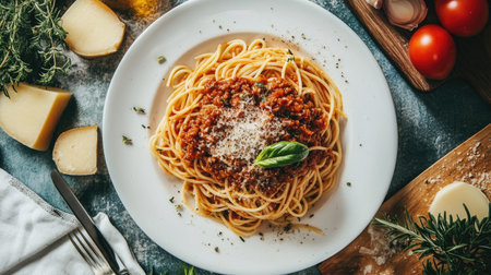A mouthwatering plate of spaghetti topped with rich tomato sauce, garnished with herbs and cheese, perfect for a delicious meal or recipe inspiration.の素材
