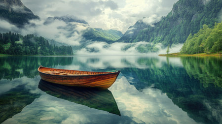 A tranquil wooden boat anchored peacefully in a misty mountain lake, surrounded by lush greenery and soft clouds, offering a serene escape into nature.の素材
