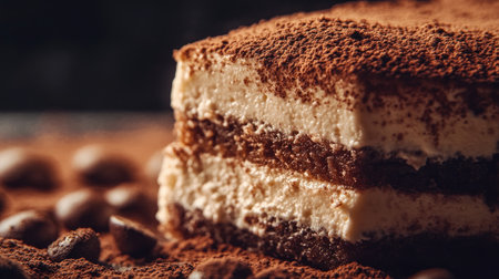 This close-up image showcases a delicious tiramisu dessert, featuring rich layers of cream and cocoa, perfect for food enthusiasts and culinary presentations.の素材