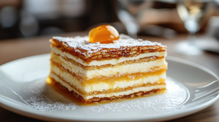 A delectable slice of Medovik dessert elegantly presented on a white plate. This layered pastry features creamy filling and a hint of sweetness, perfect for any occasion. Enjoy a taste of refined indulgence!の素材