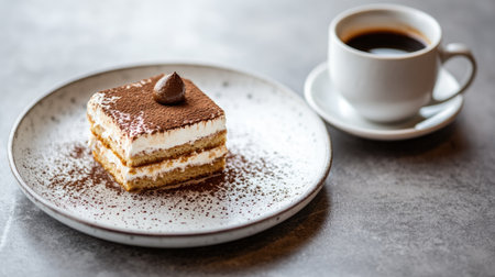 A delicious close-up of Tiramisu on a white plate, served with a cup of coffee. This elegant dessert features layers of cream and cocoa, perfect for indulgence.の素材