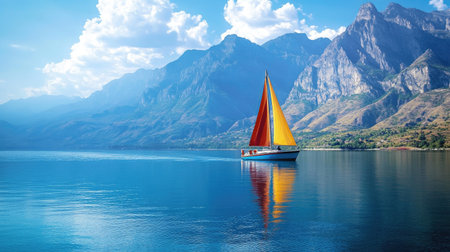 A vibrant sailboat glides across serene water, reflecting majestic mountains and a bright sky. This stunning scene invites tranquility and adventure.の素材