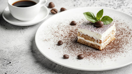 A close-up view of a delicious tiramisu served on a white plate, garnished with basil and coffee beans, highlighting its creamy texture and layers. Perfect for dessert lovers.の素材