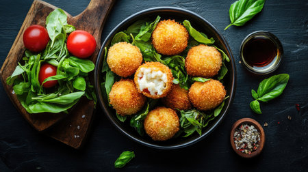 Discover a delightful aerial view featuring perfectly fried arancini surrounded by fresh greens, providing a tempting and colorful culinary presentation.の素材