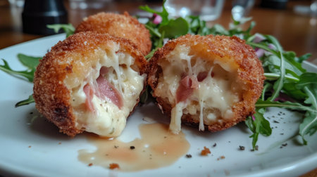 Close-up of crispy Italian arancini, revealing a delicious filling of cheese and prosciutto. A gourmet appetizer served on a bed of fresh greens, perfect for any meal.の素材