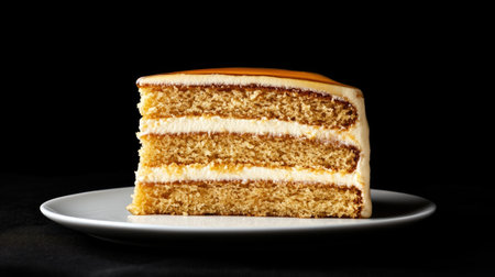 A delectable slice of layered honey cake sits elegantly on a white plate, showcasing its moist texture and creamy frosting, perfect for any occasion.の素材