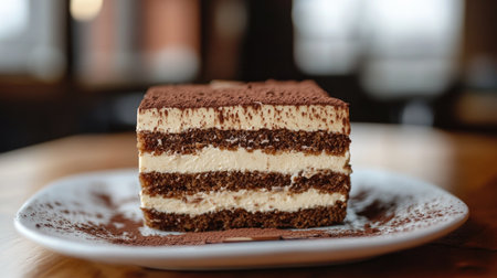 An elegant slice of tiramisu cake showcasing rich layers of coffee and cream on a rustic wooden table, perfect for dessert lovers and culinary enthusiasts.の素材