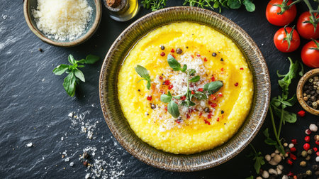 An aerial shot of a golden bowl of creamy polenta garnished with fresh herbs and colorful toppings, set against a rustic black slate background.の素材