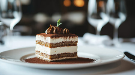 This enticing close-up features a slice of tiramisu cake served on a pristine plate, showcasing its rich layers and appealing presentation ideal for food lovers.の素材