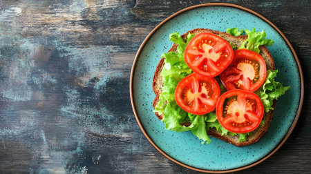 Top view of a colorful layered sandwich featuring fresh lettuce and slices of tomato on a rustic plate, perfect for healthy meals or a tasty snack.の素材