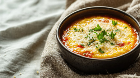 A comforting bowl of creamy polenta drizzled with rich toppings, garnished with fresh parsley, perfect for a cozy meal or hearty side dish.の素材