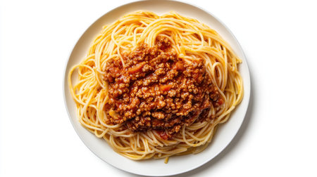 Enjoy a mouthwatering top view of delicious spaghetti with savory meat sauce, perfectly styled on a white plate, showcasing culinary delight and comfort food.の素材