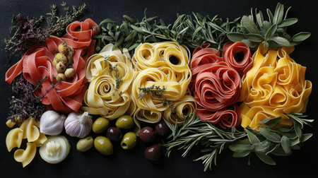 A vibrant arrangement of fresh pasta with herbs and olives on a dark background, showcasing natural colors and textures for culinary inspiration.の素材