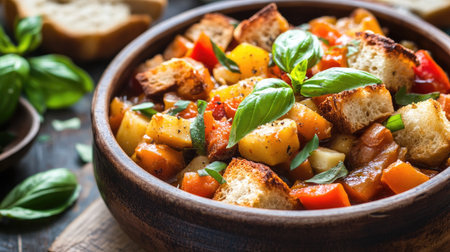 A rustic wooden bowl filled with flavorful Tuscan ribollita, featuring fresh vegetables and garnished with basil. Ideal for autumn and winter meals.の素材