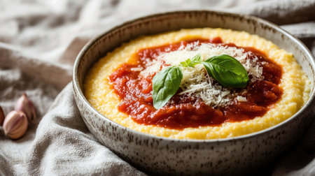A comforting bowl of creamy polenta topped with rich tomato sauce and fresh basil, perfect for cozy meals. Ideal for food enthusiasts and home cooks.の素材