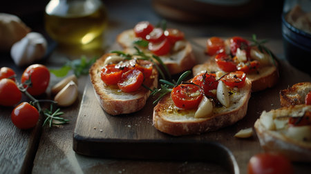 Brightly lit rustic setting showcasing tasty ciabatta slices topped with vibrant tomatoes and garlic, perfect for a cozy gathering or appetizer.の素材
