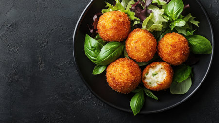 Enjoy an aerial view of perfectly fried arancini served on a bed of fresh greens. This delightful appetizer features a crispy exterior and savory flavor, ideal for any meal or party.の素材