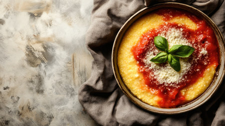 A comforting bowl of creamy polenta drizzled with rich sauce and topped with fresh basil. Perfect for a hearty meal or cozy dinner.の素材