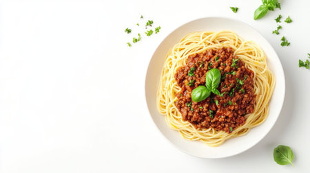 A mouthwatering plate of spaghetti topped with savory meat sauce and fresh basil. Perfect for Italian cuisine lovers, this dish is both comforting and delicious.の素材