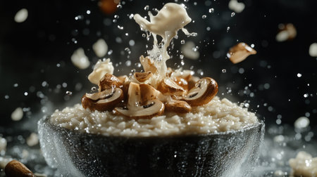 Experience a dynamic scene of mushroom risotto with splashing droplets, highlighting the textures and flavors of this gourmet dish in an artistic presentation.の素材