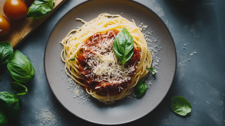A beautifully presented dish of pasta topped with rich tomato sauce, grated cheese, and fresh basil, perfect for gourmet dining and meal prep.の素材