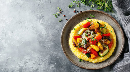 A vibrant serving of corn polenta topped with an artistic arrangement of fresh vegetables. Ideal for showcasing gourmet dishes or healthy meal options.の素材