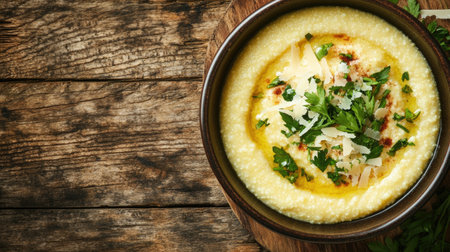 A vibrant bowl of creamy polenta garnished with fresh herbs, showcasing a rustic presentation on a wooden background. Perfect for culinary enthusiasts.の素材