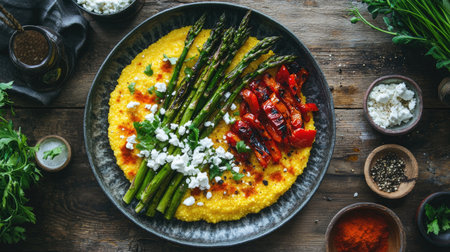 Brightly colored polenta served with grilled asparagus and roasted peppers, garnished with cheese and herbs, creating a vibrant and healthy dish.の素材