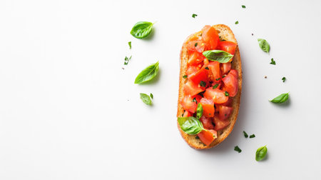 A minimalist top view of a single bruschetta topped with fresh tomatoes and basil. Perfect for showcasing simple, healthy appetizers in culinary settings.の素材