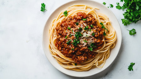 Enjoy a vibrant plate of delicious spaghetti topped with rich meat sauce and fresh herbs. Perfect for a comforting meal or a dinner gathering.の素材