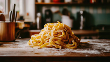 A vibrant pile of fresh tagliatelle rests on a wooden kitchen table, dusted with flour, showcasing the art of homemade pasta preparation in a cozy setting.の素材