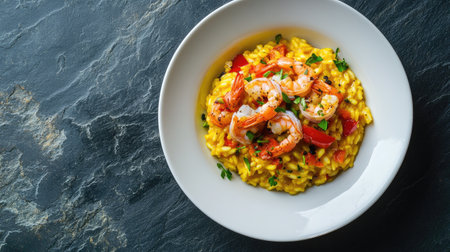 A delectable bowl of saffron infused risotto topped with succulent shrimp, showcasing vibrant colors and rich flavors. Perfect for gourmet dining.の素材