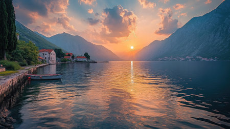 Experience a magical sunset over Kotor Bay, where mountains meet calm waters. This serene landscape captures nature's beauty, perfect for travel inspiration.の素材