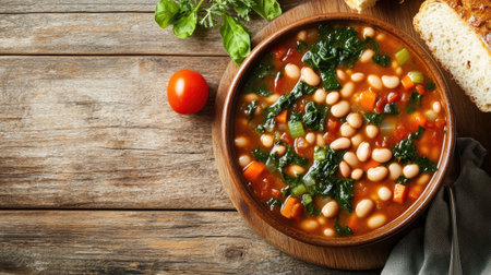 A rustic bowl filled with hearty ribollita soup, featuring fresh vegetables and beans. Perfect for a warm meal, this colorful dish brings comfort and flavor.の素材