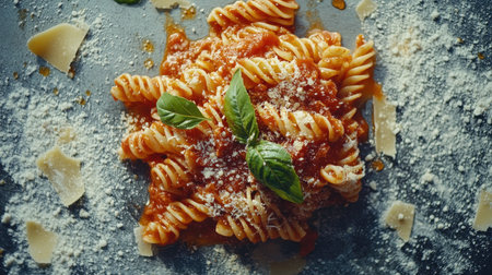A stunning overhead view of delicious pasta drizzled with fresh sauce, garnished with basil and parmesan. Perfect for culinary enthusiasts and food lovers.の素材