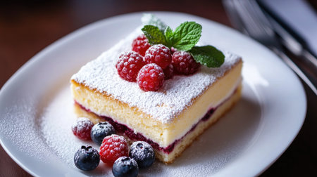 A beautifully presented slice of Medovik cake topped with fresh raspberries and blueberries, dusted with powdered sugar on a white plate. Perfect for dessert lovers.の素材