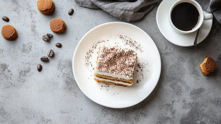 Enjoy a delectable slice of tiramisu featuring luscious layers of mascarpone and cocoa, served alongside a rich cup of coffee. Perfect for dessert lovers!の素材