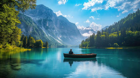 A tranquil scene with a lone fisherman paddling on a calm lake, surrounded by majestic mountains and lush greenery. A perfect moment of peace and solitude.の素材