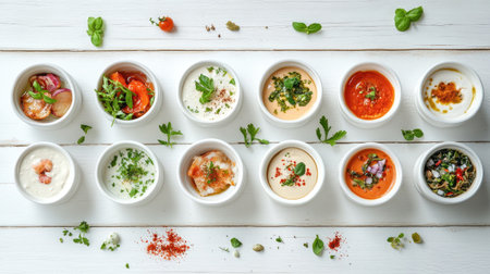 An inviting collection of diverse dips and sauces presented in small bowls. Ideal for enhancing meals or serving at gatherings, showcasing vibrant colors and fresh ingredients.の素材