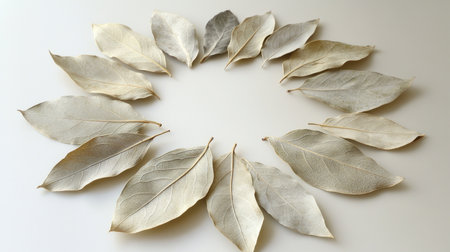 A circular arrangement of dried bay leaves on a plain surface, showcasing their unique texture and natural elegance, perfect for culinary or decorative uses.の素材