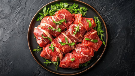 A striking overhead view of a beautifully arranged saltimbocca dish, featuring fresh meat garnished with herbs on a dark plate, perfect for food lovers.の素材