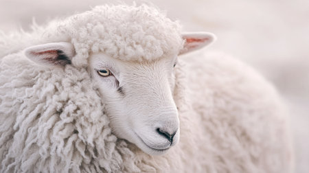 A close-up portrait of a fluffy white sheep showcasing its soft wool and serene expression. Perfect for themes of nature, farming, or domestic animals.の素材
