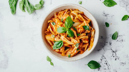 A delicious bowl of fresh pasta topped with basil leaves and rich tomato sauce, perfect for showcasing vibrant culinary creations and healthy meals.の素材