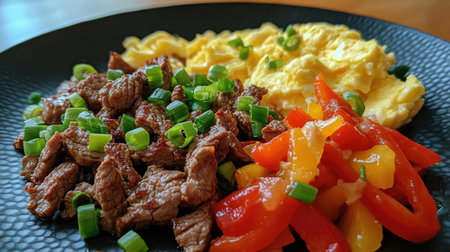 A vibrant plate featuring delicious beef served with fluffy scrambled eggs and a colorful mix of red and yellow peppers, garnished with green onions. Perfect for any meal!の素材