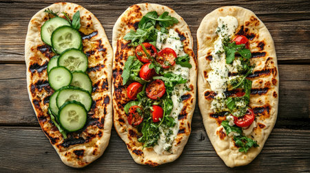 An appetizing display of fresh flatbreads topped with cucumber, cherry tomatoes, and vibrant herbs. Perfect for healthy meals and snacks.の素材