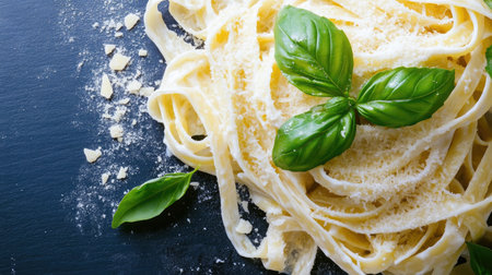 A delectable plate of creamy Alfredo fettuccine topped with fresh basil leaves. Perfect for a gourmet meal or special occasion, this dish is indulgent and inviting.の素材